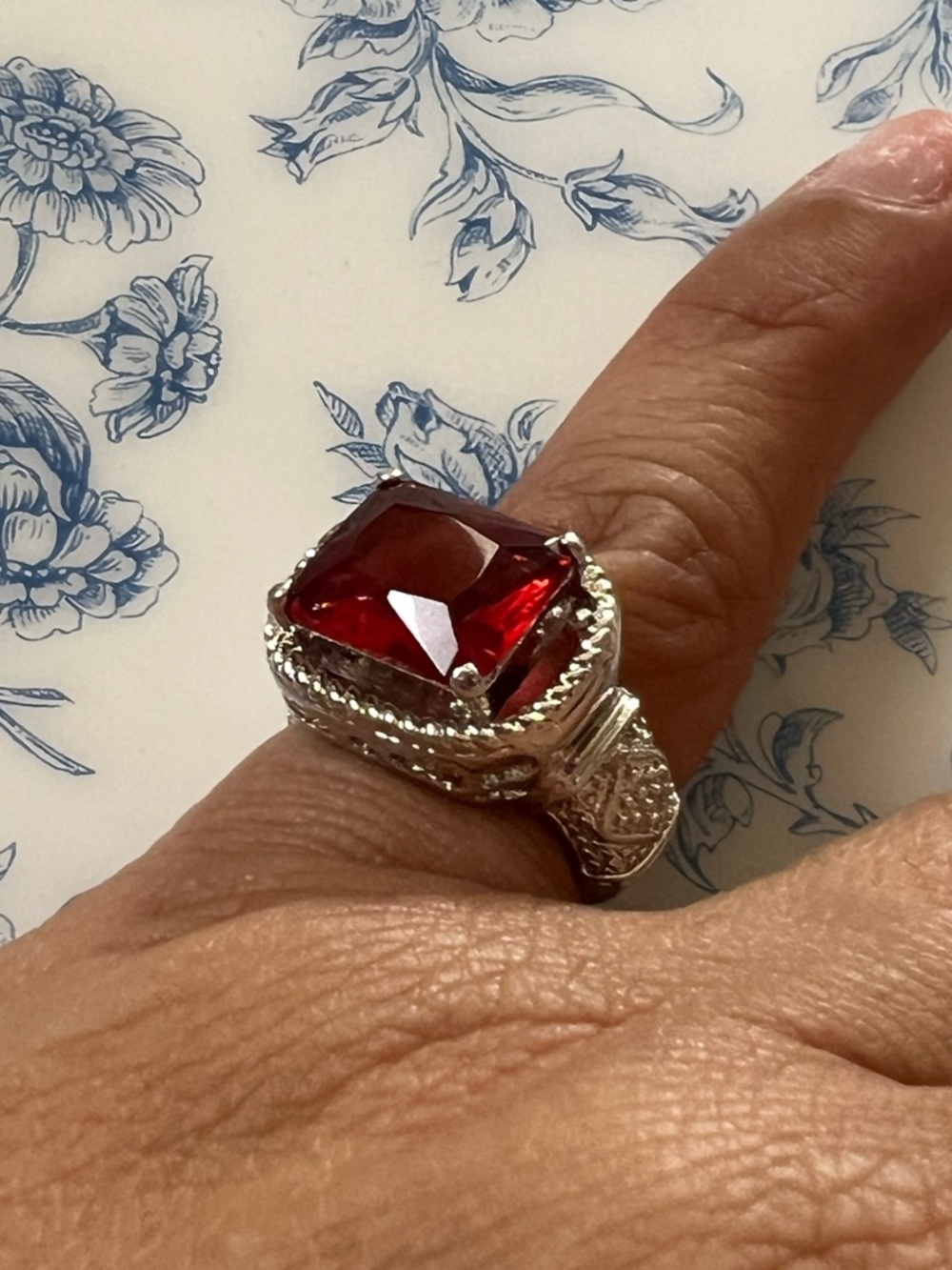 Ruby Red Statement Cocktail Ring Silver Ornate Filigree Band Size 5.25 #5253